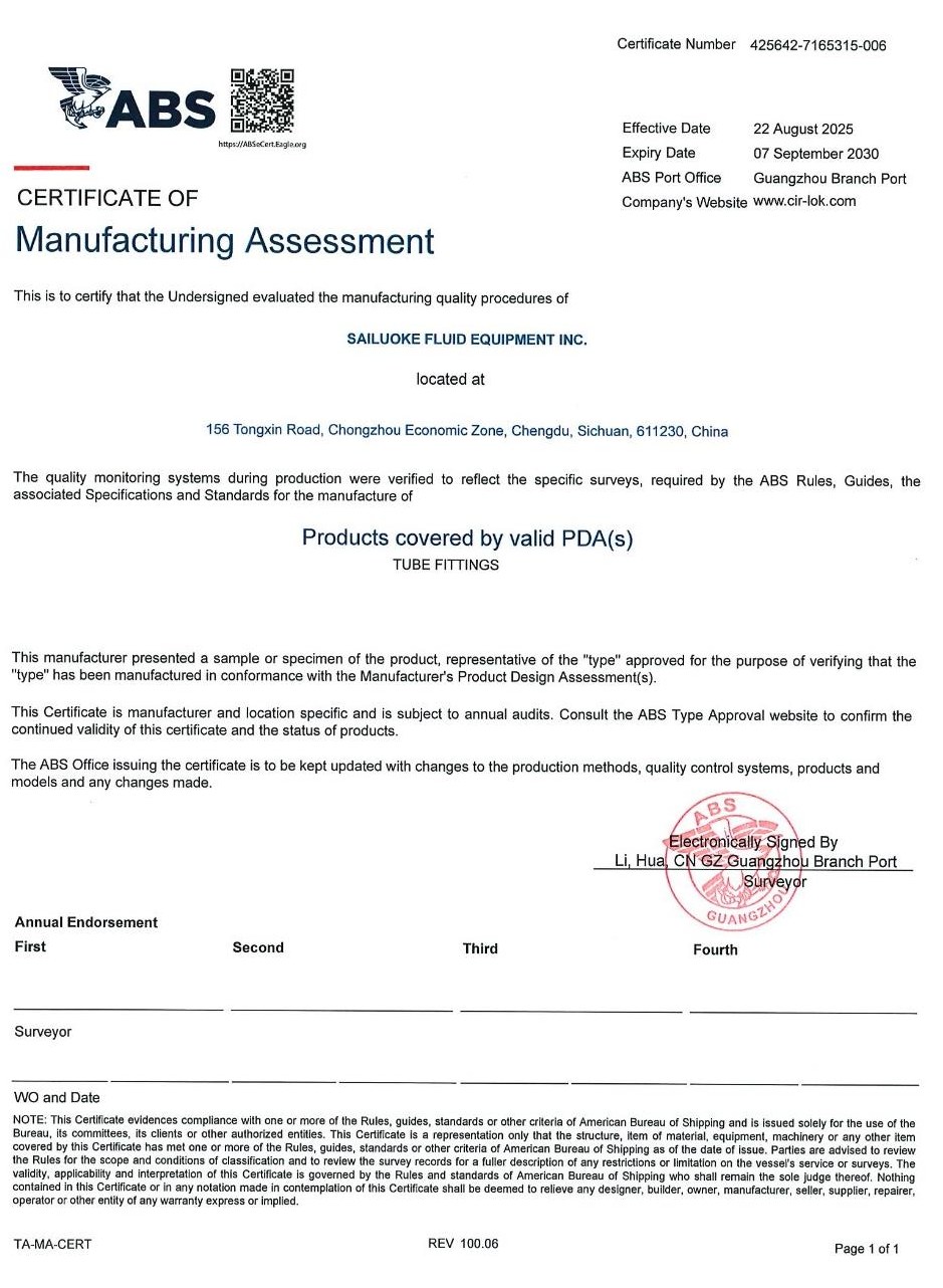 ABS certificate of manufacturing assessment for tube fittings