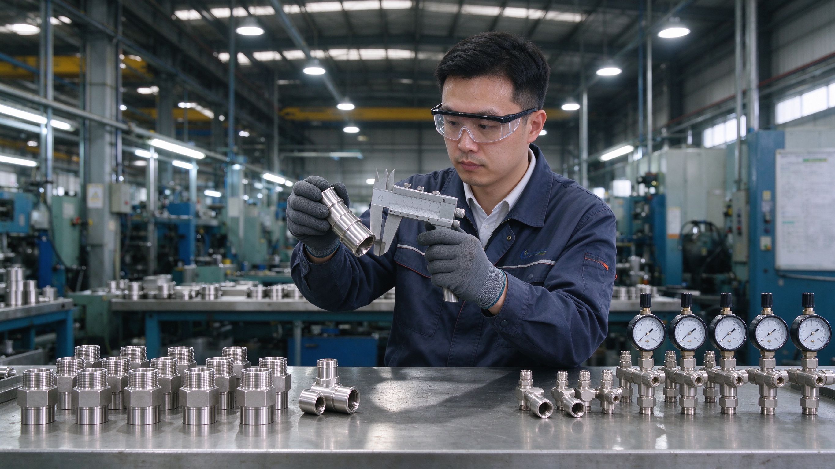 Quality control inspection of stainless steel tube fittings in the YING ZEARK FLOW workshop