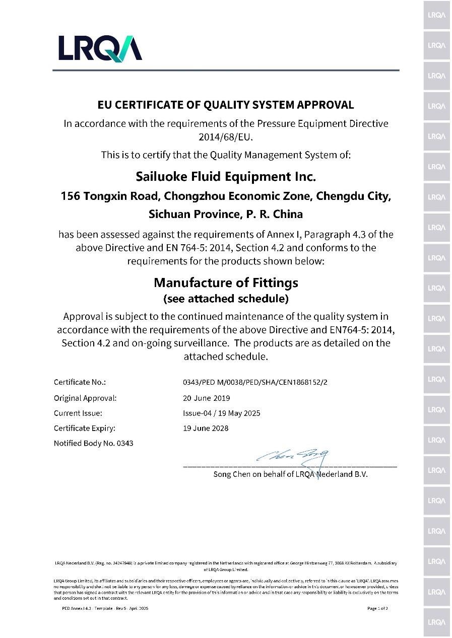 LRQA EU certificate of quality system approval for fittings under PED
