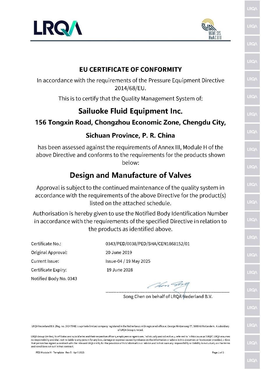 LRQA EU certificate of conformity for valves under PED